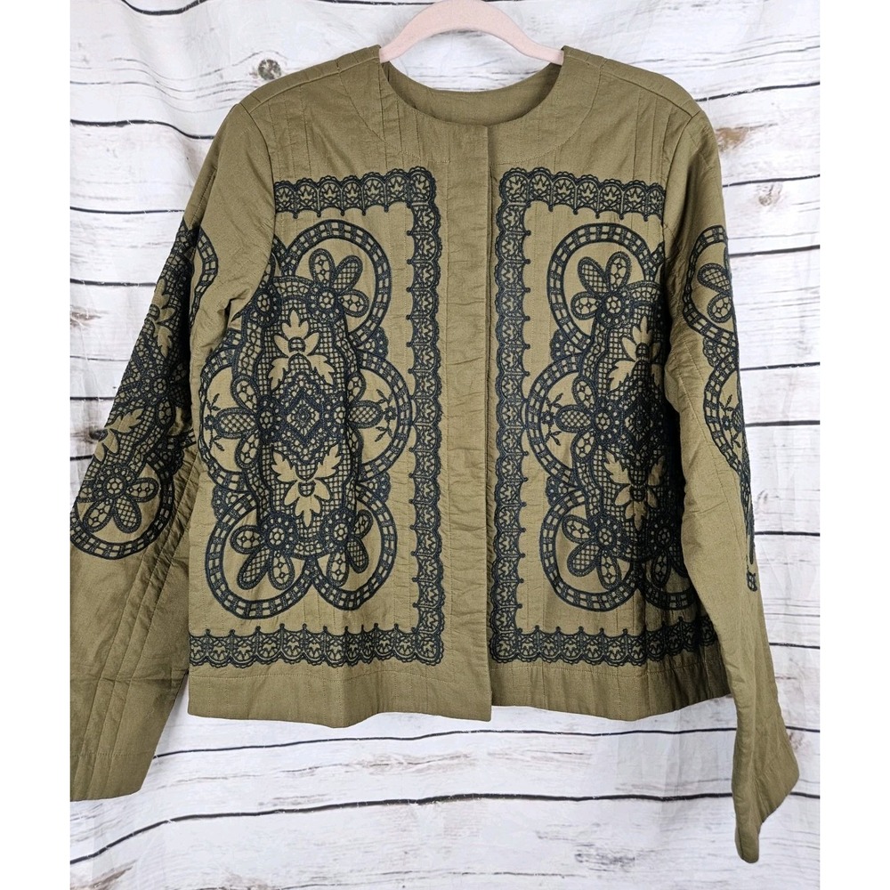 Pure J Jill Olive Green Quilted Embroidered Jacket M Tall Womens Cotton Snaps